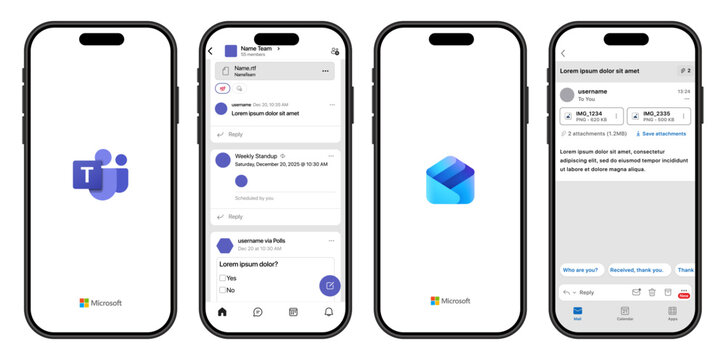 Microsoft Teams and Outlook Mobile Productivity Interface Mockup Showing Calendar Meetings Chat Channels Email Conversation Inbox Scheduling and Collaboration Screens on Smartphone