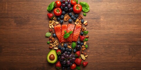 Nutritious food options beneficial for heart health displayed on rustic wooden surface, focused on healthy eating