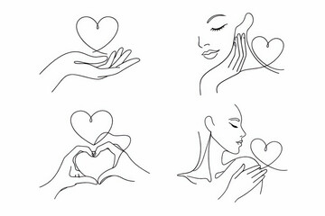A Collection of Minimalist Line Art Illustrations Depicting Hearts and Female Forms Conveying Emotions of Love and Compassion