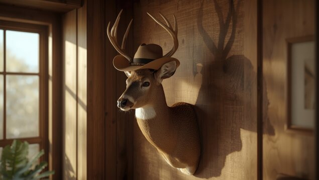 Deer head taxidermy with cowboy hat mounted on wall, highlighting hunting trophies and display techniques