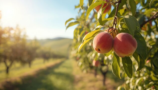 Peach orchard featuring mature fruits on branches, highlighting harvest readiness during peak season