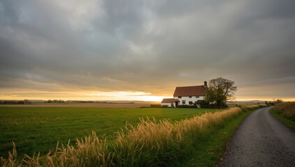 Rustic village home set within a farmland scene with overcast autumn sky, highlighting seasonal transition and rural preservation, Earth Day