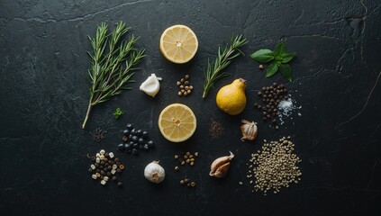 Assorted cooking ingredients such as rosemary garlic lemon salt and peppercorns on a dark stone surface, used as a food styling backdrop