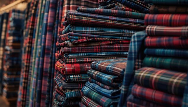 Fabric store display of vibrant tartan plaid pattern used as a background for textile layouts