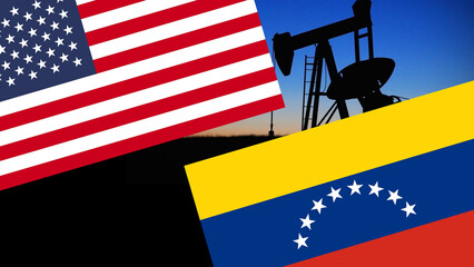 American and Venezuelan flags against the silhouette of an oil rig. Symbol of energy, economy,...
