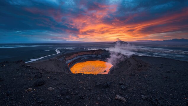 Volcanic crater of Erta Ale in the Danakil depression, illustrating active lava flow and geothermal features