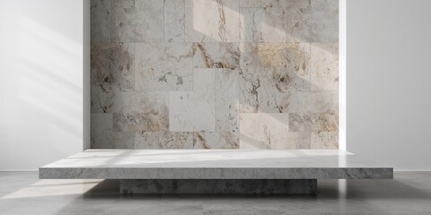 Wide-angle shot of a concrete stone table on a textured limestone wall surface, emphasizing industrial decor