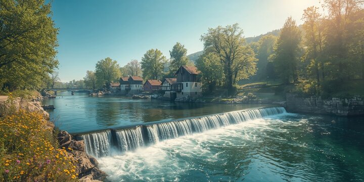 Rastoke village&acirc;&euro;&trade;s ancient water mills situated by Korana waterfalls, scenic countryside scene emphasizing architecture and summer tourism