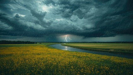 A summer thunderstorm over a yellow-flowered meadow adjacent to a river with lightning, highlighting atmospheric phenomena