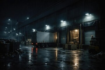 Gloomy nighttime entrance to a large city warehouse loading dock