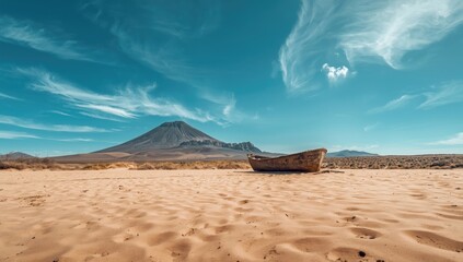 Sunlit beach scene at Isla de Lobos featuring sand, water, and mountain view, suitable for travel backgrounds