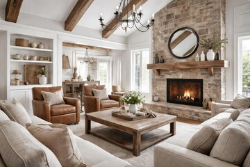 Fototapeta premium Elegant open farmhouse living space with brown leather armchairs and gas fireplace accented with natural wooden mantel