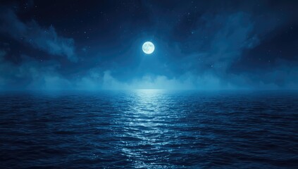 Sea and cloudscape under a full moon with its reflection on the water, suitable for use as a serene landscape backdrop