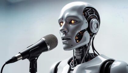 A robot stands in a studio with a microphone in front of it. The robot has glowing eyes and visible circuits. It appears to be engaged in a performance at a technology exhibit.