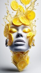 Capture of a striking artistic representation of a face surrounded by fresh lemon slices and citrus splashes in dynamic motion
