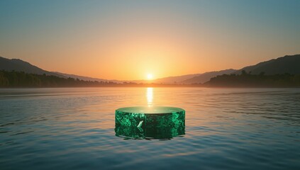 Green crystal or gem display on mountain water surface during sunset, highlighting mineral aesthetics and water reflections, Earth Day