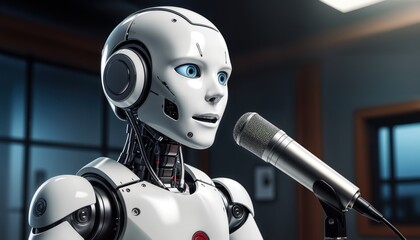 A robot stands in a studio with a microphone in front of it. The robot has glowing eyes and visible circuits. It appears to be engaged in a performance at a technology exhibit.