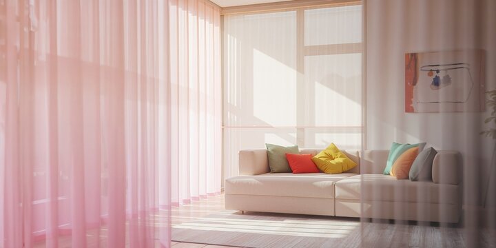 Comfortable living room setup with motorized roller blinds and colorful cushions on a sofa by expansive windows with automated sun protection, daytime lighting