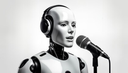 A robot stands in a studio with a microphone in front of it. The robot has glowing eyes and visible circuits. It appears to be engaged in a performance at a technology exhibit.