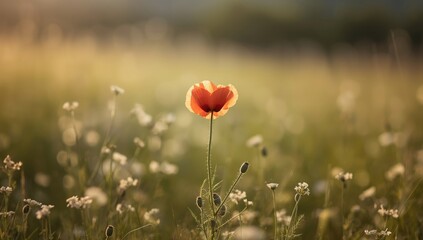 Obraz premium Detailed view of a red poppy among meadow grasses, highlighting natural flowering stages and plant health