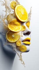 Bright and refreshing citrus splashes bring life to a serene face adorned with lemon slices