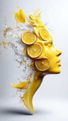 Bright yellow silhouette with splash of citrus fruits capturing the essence of freshness and vitality