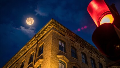 Historic yellow brick building corner with arched windows illuminated by warm light under a dramatic full moon and a glowing red traffic light
