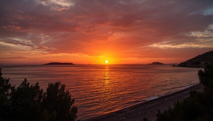 Colorful sunset with fading sunlight over the horizon, ideal for editorial header background, Earth Day