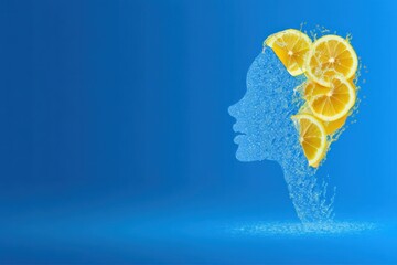 Creative depiction of a woman's silhouette made of water and lemon slices on a bright blue background