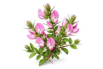 Obraz premium Botanical image of pink spiny restharrow flowers with pointed thorns and healthy green leaves on white background