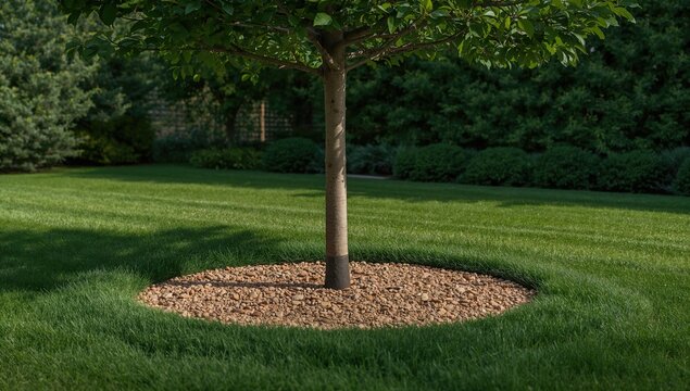 A cultivated apple tree in a mown summer lawn with river gravel mulch, illustrating sustainable gardening practices