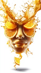 Bright citrus splash creates a vivid and refreshing sensation with a human-like face appearing in orange juice