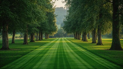 Obraz premium Golf course bordered by lush trees adjacent to a historic castle, highlighting landscape preservation