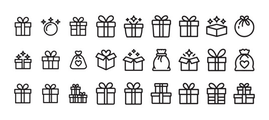 Gift Box Line Icons Set. Outline Present Icon, Minimal Gift and Present Vector, Black and White Gift Box, Simple Festive Gift Icon. vector illustration eps 10