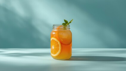 Fresh citrus juice in a glass jar with orange lemon mandarin and yellow segments, set against a blue backdrop, suitable for refreshment branding