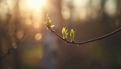 Fresh spring buds emerging on a tree branch at sunrise, ideal for seasonal landscape backgrounds, seasonal change