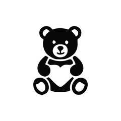 Black silhouette icon of a cute teddy bear holding a heart, symbolizing love and comfort.