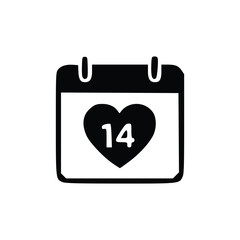 A black and white icon of a calendar with a heart and the number 14, representing Valentine's Day.