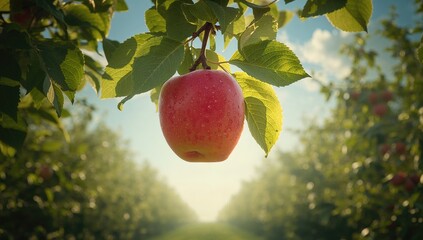 Fresh apple on the tree branch with foliage, ideal for natural fruit display