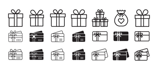 Gift Box Icons Set. Black and White Gift Box Vector, Wrapped Gift, Minimal Gift Box Icon, Gift Packaging Icon. vector illustration eps 10