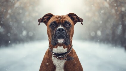 Brindle boxer dog wearing collar attentive in training session, highlighting focus and responsiveness, winter white backdrop