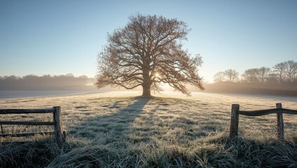 Frozen landscape featuring a snow-covered field and a solitary tree illuminated by sunlight, ideal for winter-themed layouts