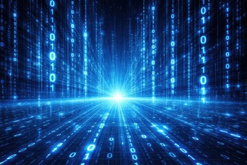 Blue abstract matrix design with zeros and ones shining in a digital information layout