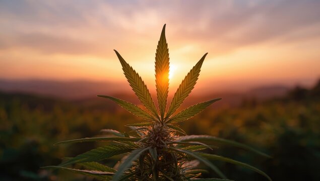 Marijuana leaf in focus during sunset, highlighting free cultivation and legalization in a natural setting