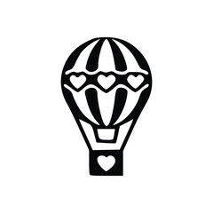 Black and white graphic illustration of a hot air balloon adorned with multiple heart shapes, featuring vertical stripes and a small basket.