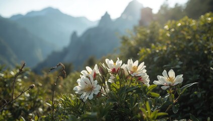 Native wild paeonia thriving among mountainous terrain in Greece, highlighting natural flora