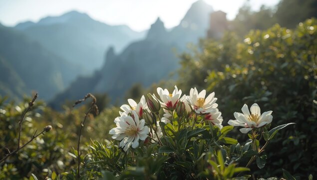 Native wild paeonia thriving among mountainous terrain in Greece, highlighting natural flora