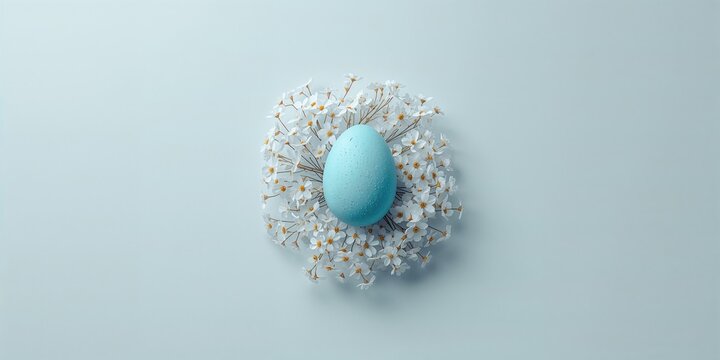 Single blue Easter egg placed on a bed of white flowers, used in festive seasonal arrangements