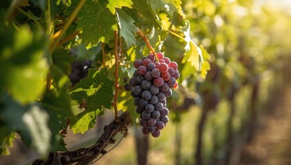 Fototapeta premium Grapevine loaded with ripe grapes and lush green foliage, highlighting agricultural harvest activity