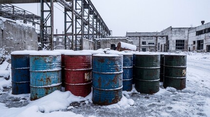 Snow-covered oil barrels in abandoned industrial area during winter  